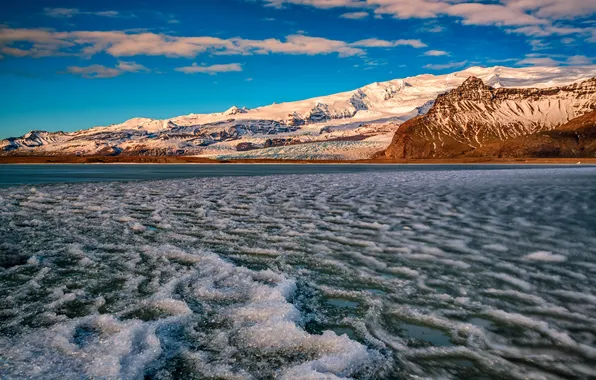 Winter, snow, mountain, Bay, Auster-Skaftafellssysla, Breidárlón Lagoon