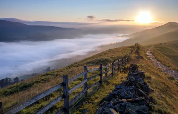 Clouds, landscape, sunset, mountains, the fence
