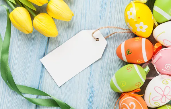 Colorful, Easter, tulips, yellow, tulips, spring, eggs, Happy Easter