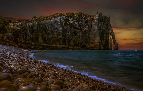 Sea, stones, rocks, shore, France, Normandy, Étretat