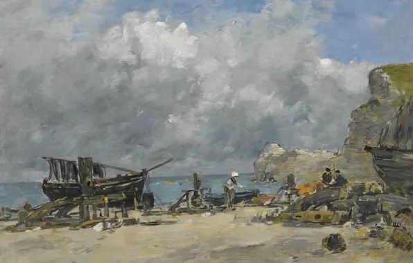 Landscape, picture, Eugene Boudin, Eugene Boudin, Étretat. Boats and Fishermen on the Beach