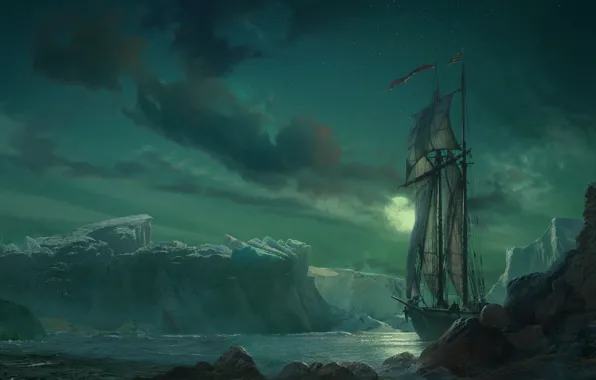 The sky, landscape, the moon, ship, sailboat, iceberg
