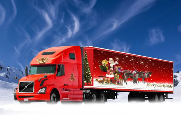 Picture Red, Christmas, New year, Santa Claus, Car, Santa Claus, The truck, Gifts