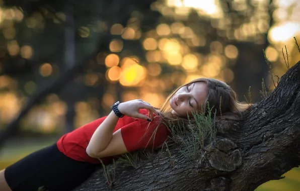 Picture girl, tree, watch, skirt, trunk, blouse, bokeh, Rus