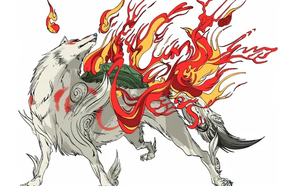 White, background, flame, wolf, claws, deity, Okami, Amaterasu