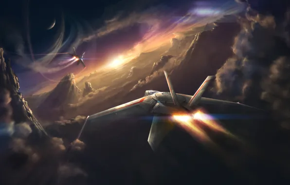 The sky, flight, landscape, sunset, the plane, speed, horizon, sky