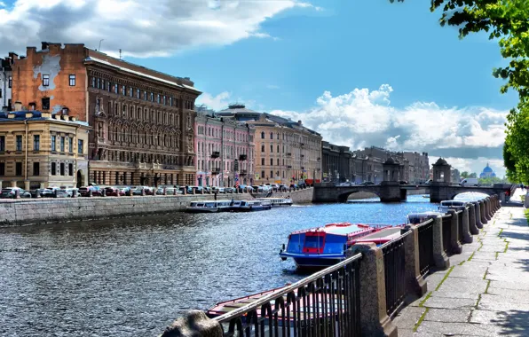 Summer, the sun, glare, river, boats, promenade, Fontanka, St. Petersburg