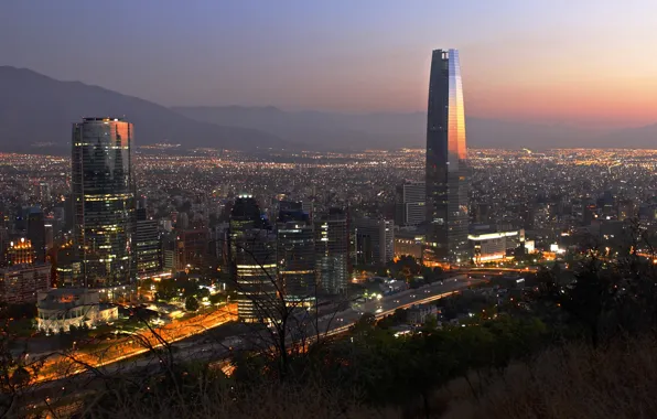 Picture twilight, sunset, mountains, dusk, downtown, Santiago, cityscape, Chile