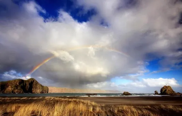 Sea, clouds, rainbow, Rocks, riparian vegetation