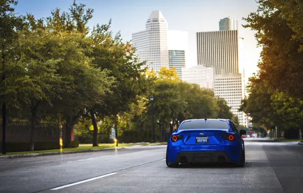 The city, Subaru, sports car, blue, blue, Subaru, brz, quick