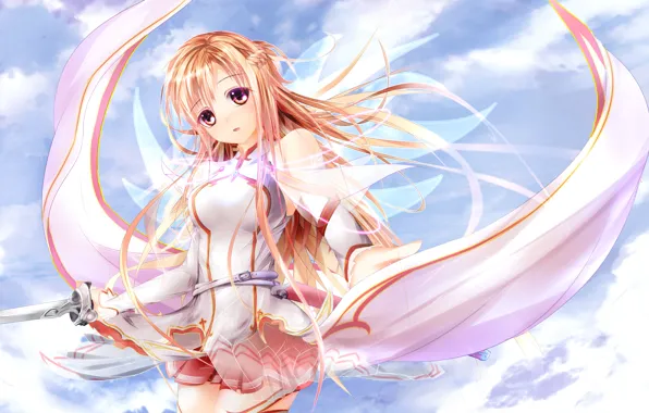 Picture The sky, Clouds, Girl, Hair, Sword, Clothing, Belt, Weapons