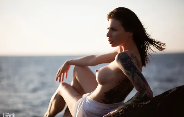 Sea, chest, girl, pose, hands, tattoo, Alexander Grinn