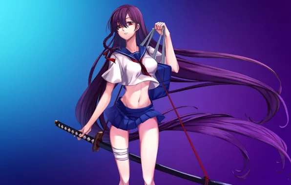 Weapons, blue, sword, katana, anime, schoolgirl, purple, long hair