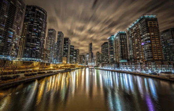 Night, reflection, river, chicago, illinois
