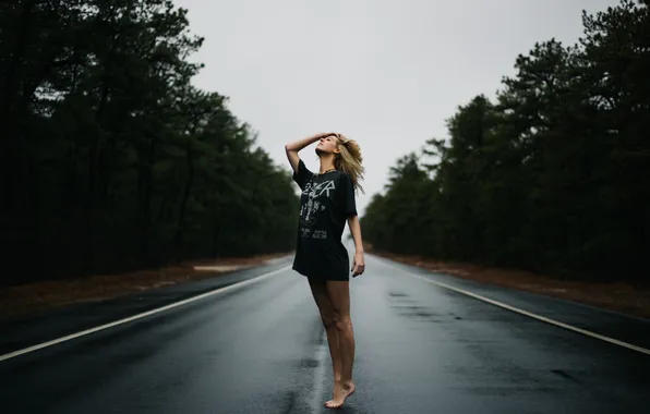 Road, girl, t-shirt, blonde