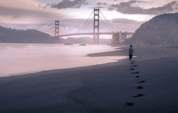 Beach, mountains, bridge, Strait, morning