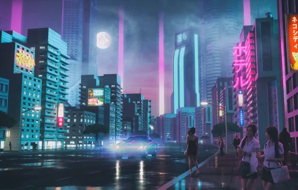 Auto, Girls, Night, The city, The moon, Machine, Street, People