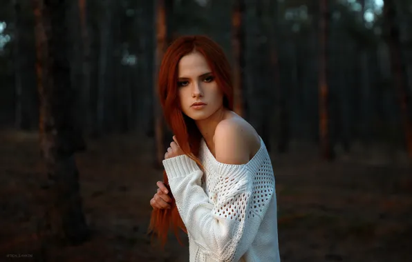 Picture forest, look, girl, red, redhead, shoulder, Angelina, Denis Lankin