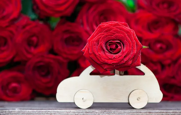 Machine, roses, bouquet, red, Wooden