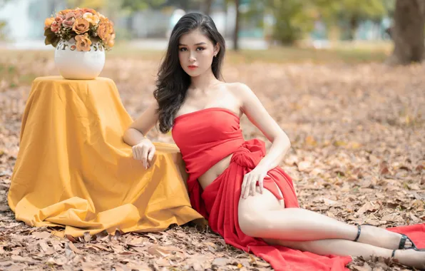 Picture look, girl, flowers, nature, pose, feet, bouquet, brunette