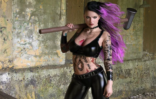 Chest, look, girl, wall, punk, tattoo, hairstyle, sledgehammer