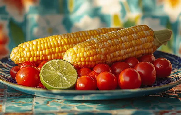 Table, corn, plate, lime, tomatoes, cherry, the cob, AI art