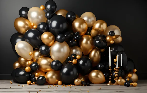Balls, balloons, the dark background, wall, holiday, balls, Board, Shine