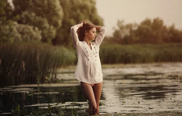Picture grass, water, girl, trees, pose, the reeds, hair, legs