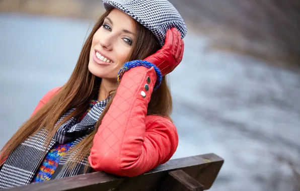 Picture pose, smile, makeup, scarf, jacket, shop, hairstyle, gloves