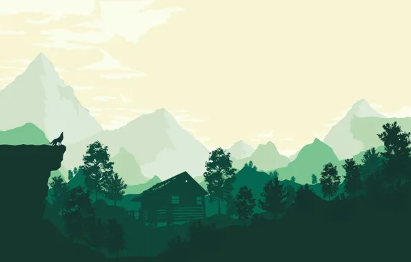 Mountains, The game, Forest, House, Silhouette, Hills, Wolf, Landscape