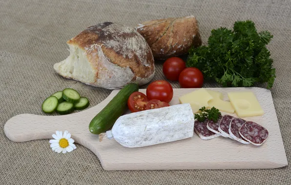 Greens, bread, tomato, sausage