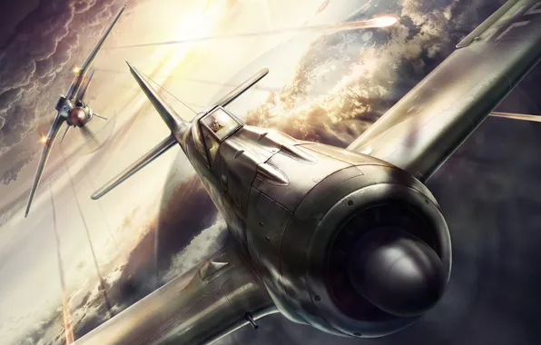 Picture design, the plane, attack, figure, fighter, battle, the fire, the second world war