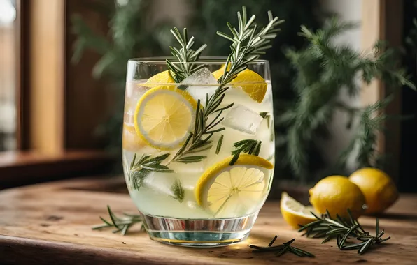 Glass, lemon, still life, lemonade, rosemary