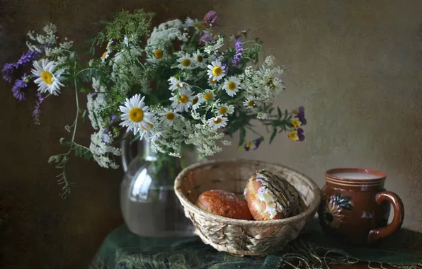 Flowers, chamomile, bouquet, still life, cakes, buns