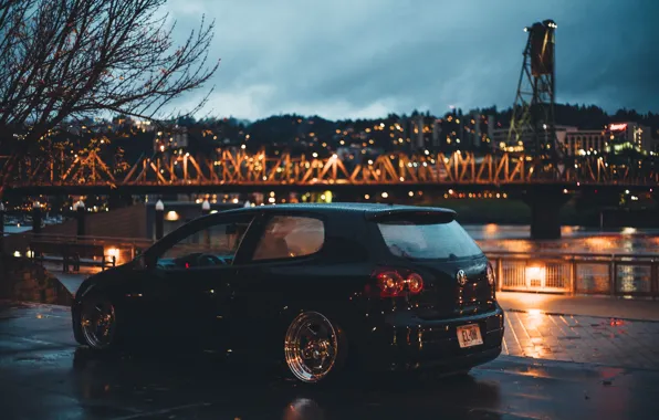 Clouds, trees, night, bridge, the city, lights, Volkswagen, wheel