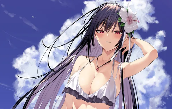 Girl, sexy, cleavage, flower, long hair, boobs, anime, beautiful