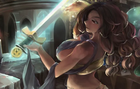 Chest, girl, weapons, sword, candles, art, morgan, dragon's crown