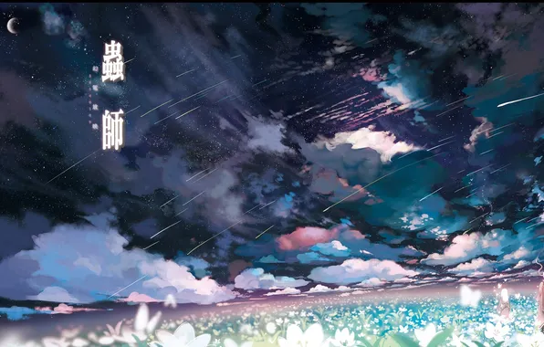 Field, clouds, flowers, the moon, art, Starfall