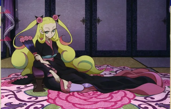 Carpet, fan, geisha, screen, kimono, two tails, tatami, Katanagatari