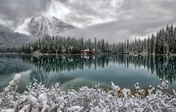 Forest, snow, mountains, lake, reflection, Canada, Canada, British Columbia