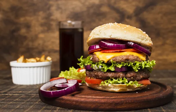 Glass, cheese, bow, Board, vegetables, hamburger, bokeh, bun