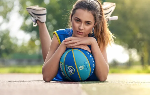 Girl, bokeh, ball, hand, looking, lying, young woman, young women