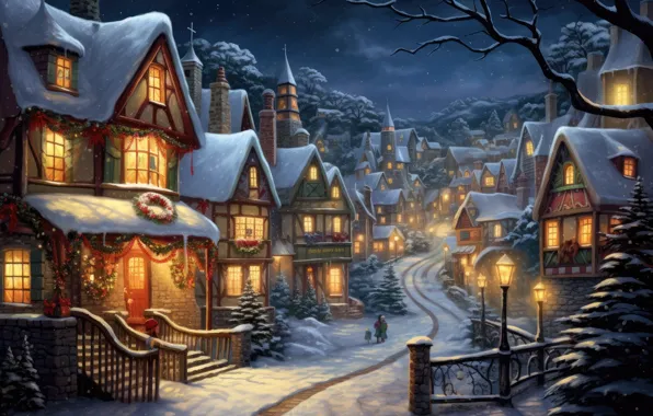 Winter, snow, the city, house, building, home, Christmas, New year