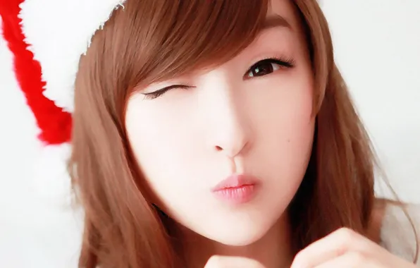 Christmas, brown eyes, lips, asian, cute, red head, Lin Ketong, blowing kisses