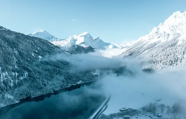 Winter, snow, trees, landscape, mountains, river, tree, forest