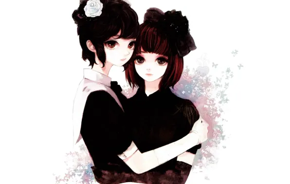Butterfly, flowers, white background, gloves, sisters, big eyes, art Atri