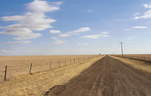 Road, the sky, clouds, wire, horizon