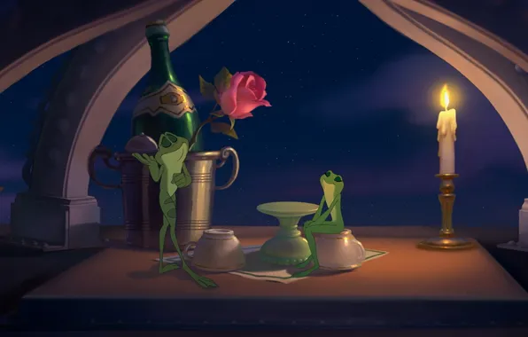 Wine, rose, cartoon, frog, candle, the evening, a couple, date