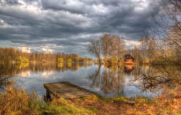 Autumn, the sky, clouds, trees, lake, HDR, house, the bridge