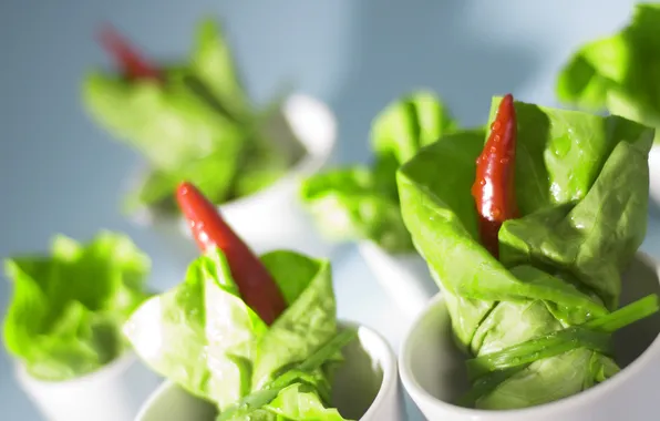 Greens, drops, mugs, salad, peppers